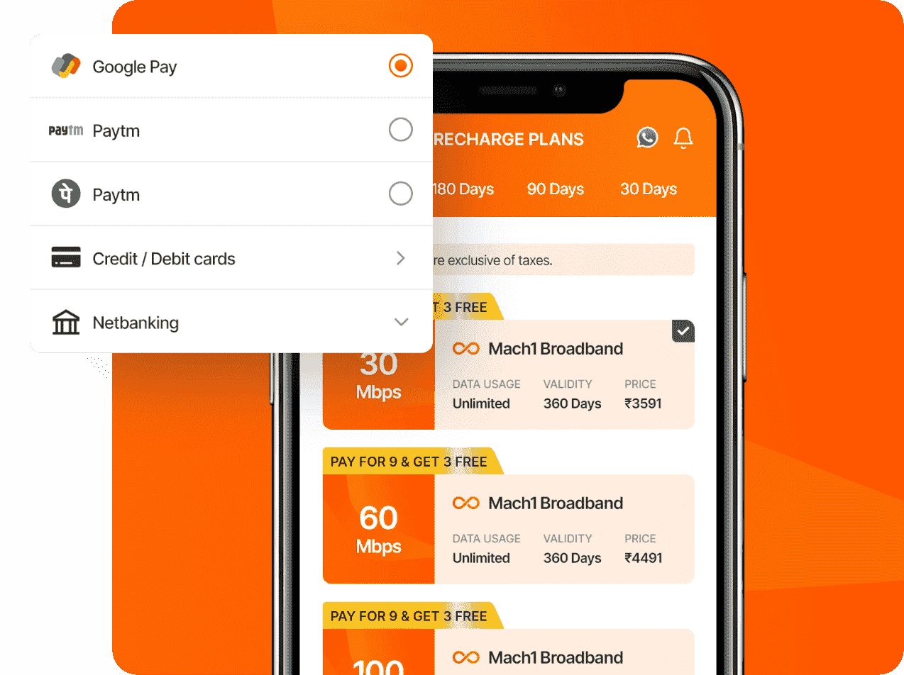 Screenshot of a Mach1 Broadband recharge plan menu on a smartphone screen. 