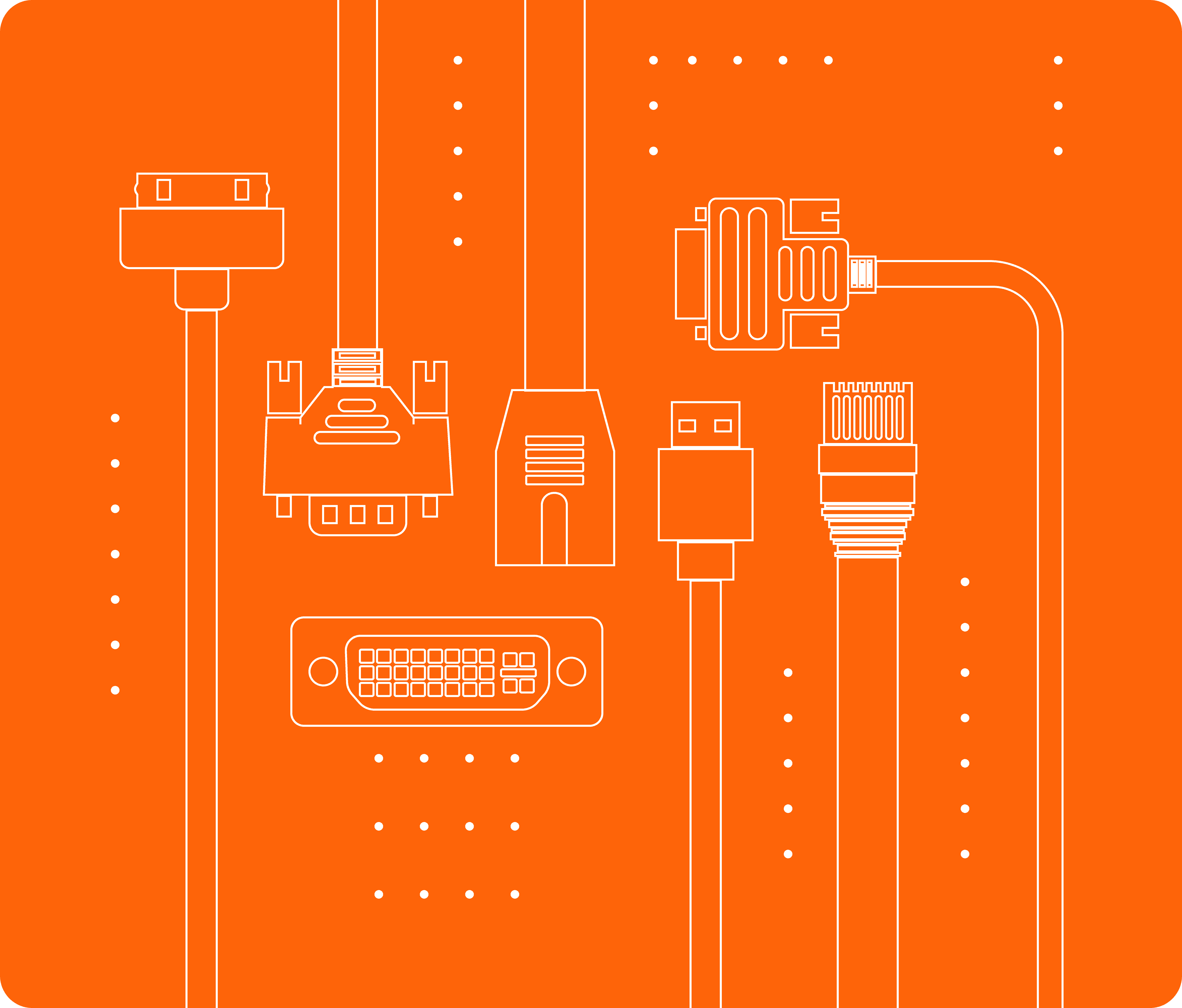 A line drawing of various computer connectors, including USB, HDMI, Ethernet, and power connectors.