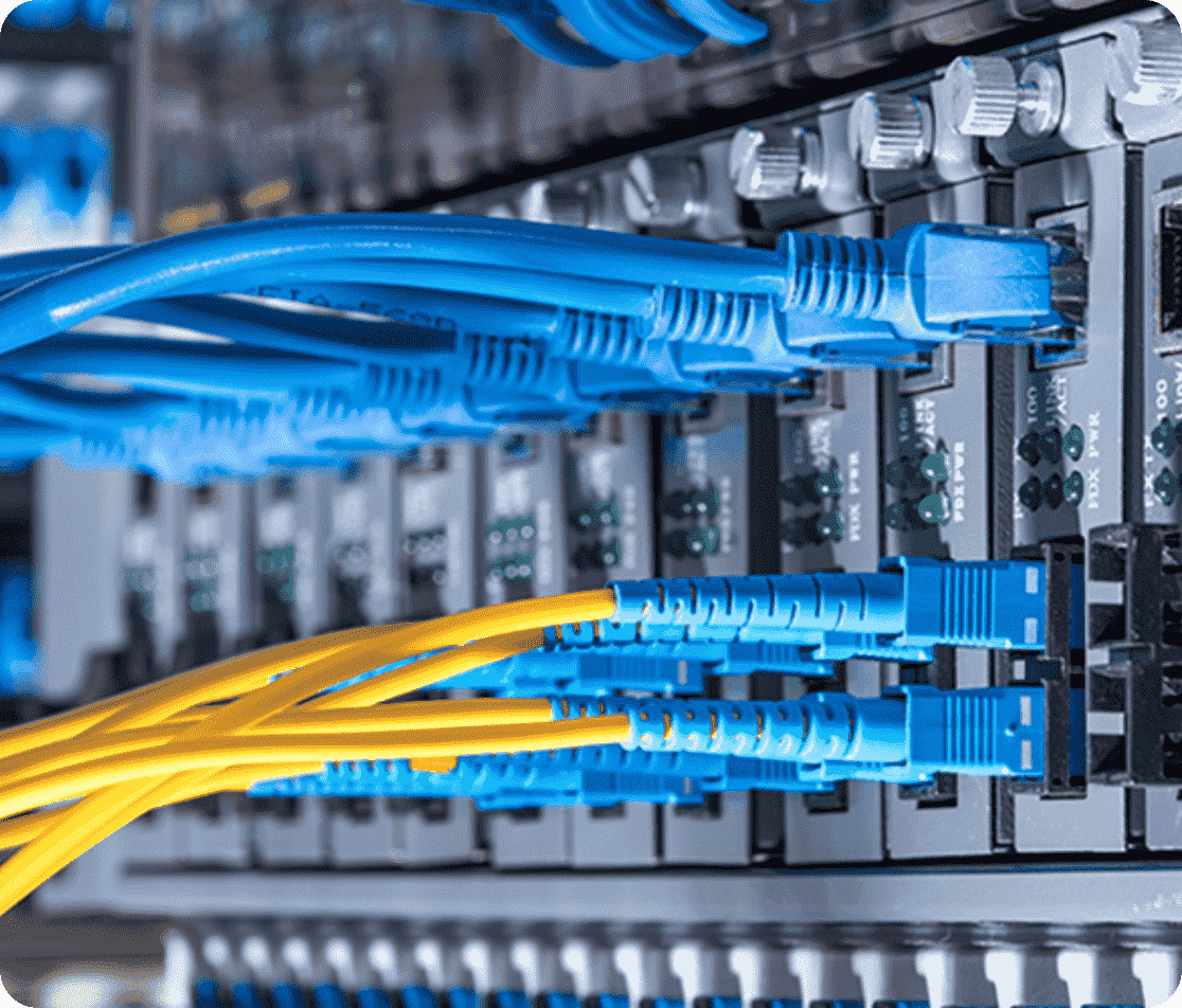 Close-up photo of a server with multiple cables plugged into its ports.